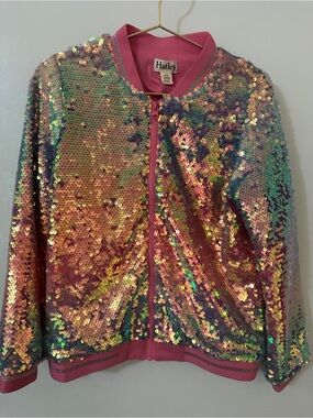 Hatley Girls Pink Iridescent Sequin Bomber Jacket Size 6 Sparkle Zip-Up